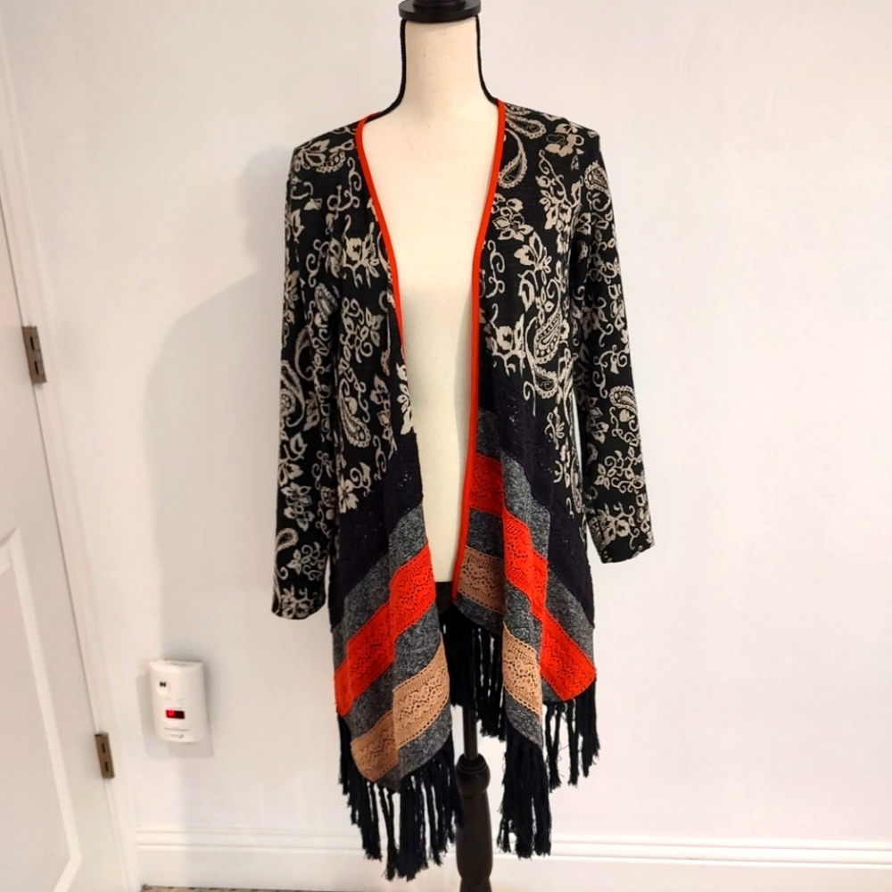 Ryu Anthropologie Boho Cardigan Fringe Asymmetrical Paisley Patchwork Size M